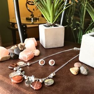 -Bronze & Silver Necklace & Checkered Earrings Set